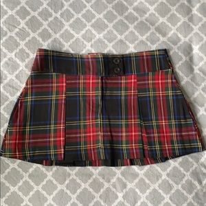 Red Plaid Mini Skirt with Button Waistband